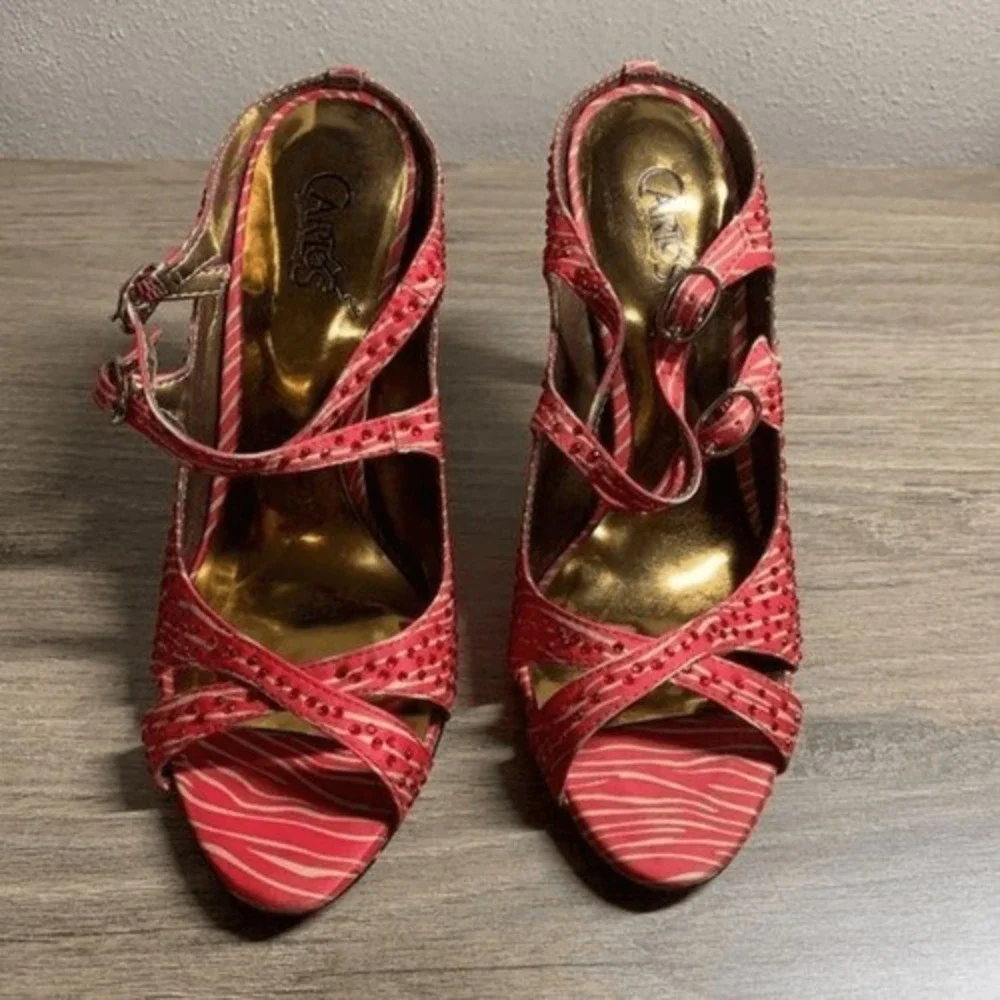 CARLOS SANTANA Red Zebra Rhinestone‎ Stiletto Heeled Sandals Women Size 6